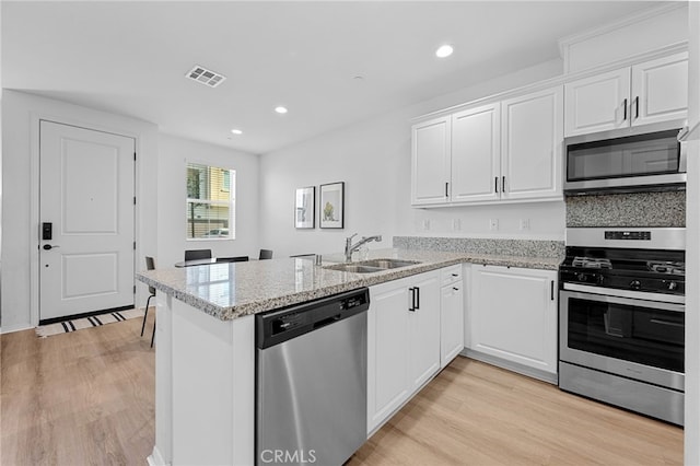 kitchen with visible vents, a peninsula, stainless steel appliances, white cabinetry, and a sink