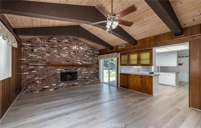 23187 Glendora Dr, Grand Terrace, CA 92313 - kitchen with wood ceiling, a ceiling fan, glass insert cabinets, light wood-style flooring, and a peninsula