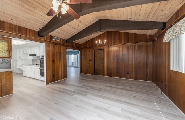 23187 Glendora Dr, Grand Terrace, CA 92313 - unfurnished living room with wood walls, a ceiling fan, light wood-style floors, and wooden ceiling
