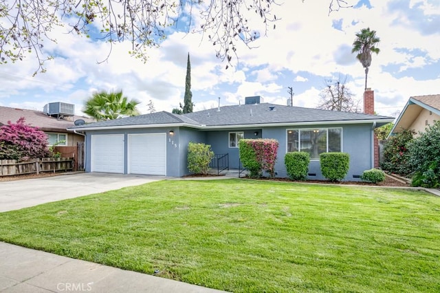 ranch-style house with an attached garage, stucco siding, concrete driveway, a front lawn, and crawl space