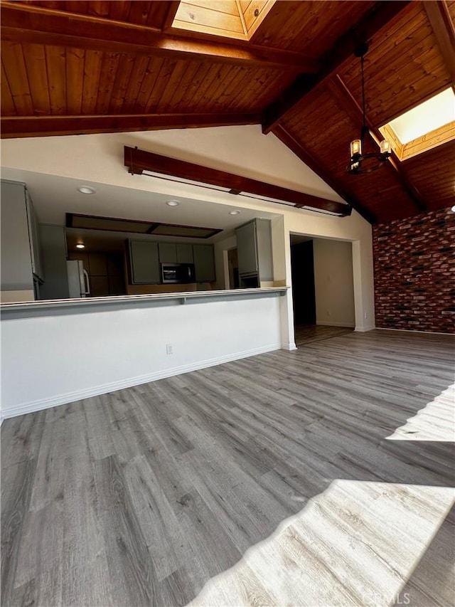 unfurnished living room featuring lofted ceiling with skylight, wooden ceiling, baseboards, and wood finished floors