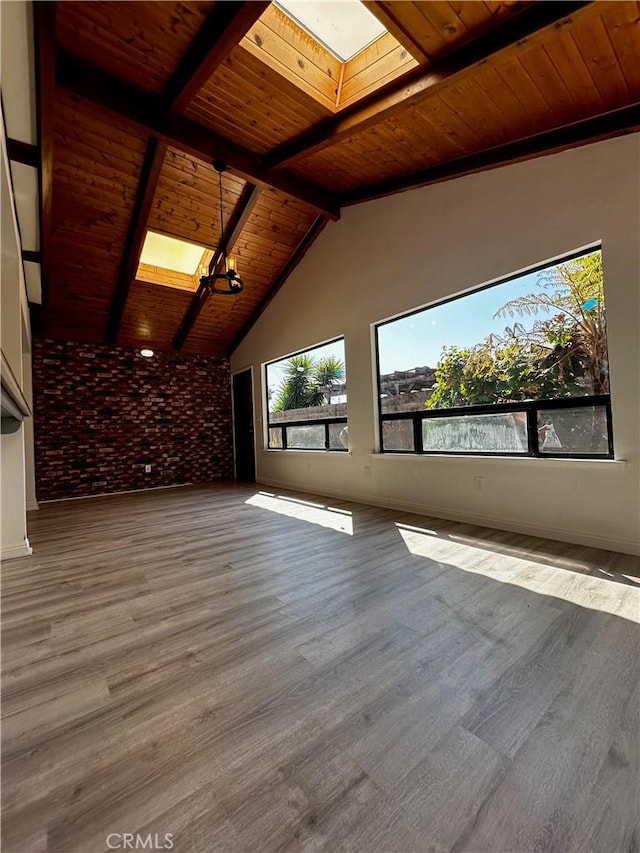 empty room with wooden ceiling, a skylight, and wood finished floors