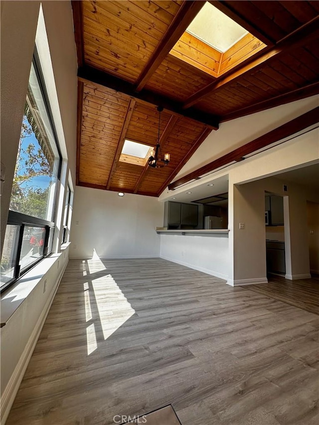 interior space featuring wood finished floors, vaulted ceiling with skylight, wood ceiling, and baseboards