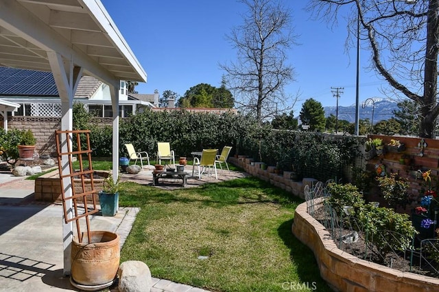 view of yard with a patio area, a fire pit, and a fenced backyard