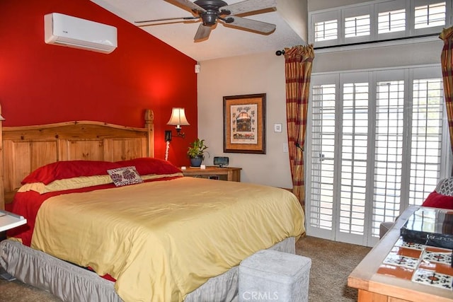 bedroom with access to outside, carpet, a wall mounted air conditioner, and ceiling fan