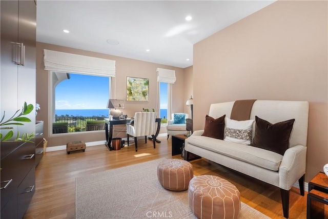 living area with recessed lighting, baseboards, and wood finished floors