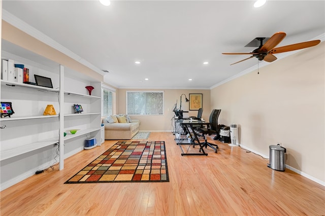 interior space with recessed lighting, wood finished floors, baseboards, and ornamental molding