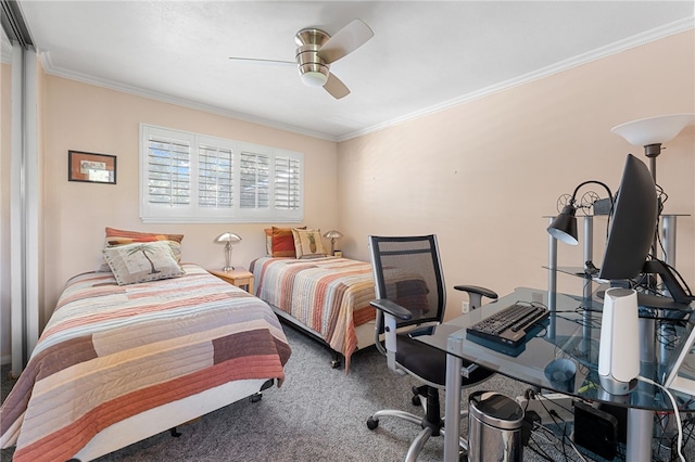 bedroom featuring carpet flooring, ceiling fan, and ornamental molding