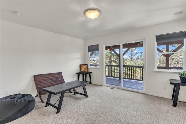 sitting room featuring baseboards and carpet