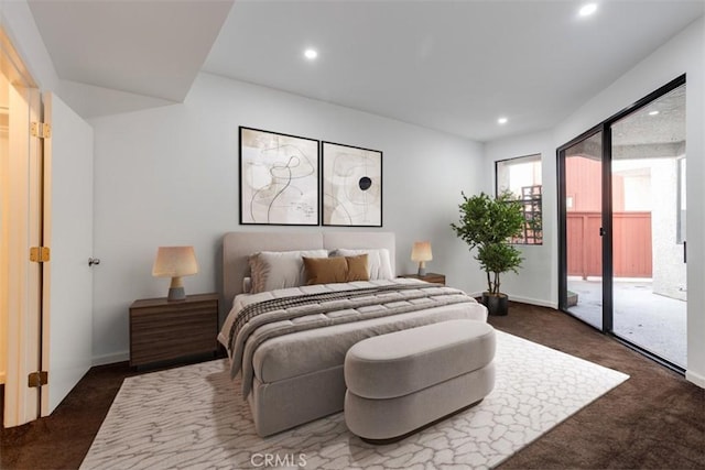 carpeted bedroom featuring recessed lighting and access to outside