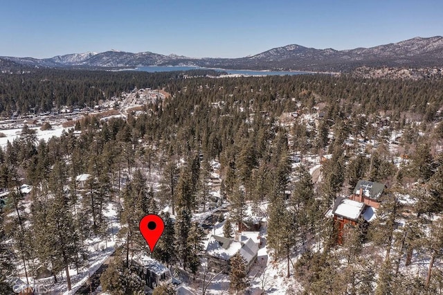 birds eye view of property with a wooded view and a mountain view