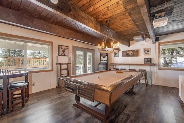 game room featuring beamed ceiling, plenty of natural light, french doors, and dark wood-type flooring