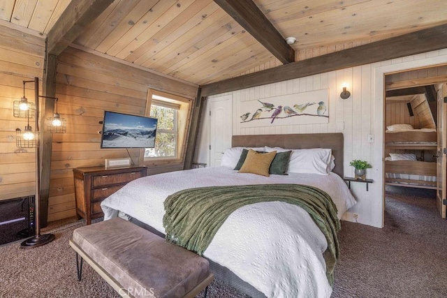 carpeted bedroom featuring beamed ceiling, wooden walls, and wood ceiling