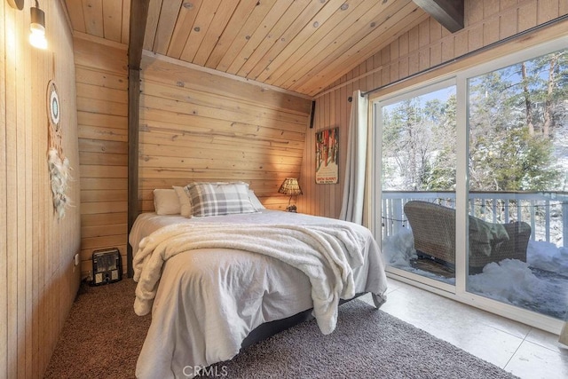 bedroom with lofted ceiling with beams, wood walls, wooden ceiling, and access to exterior