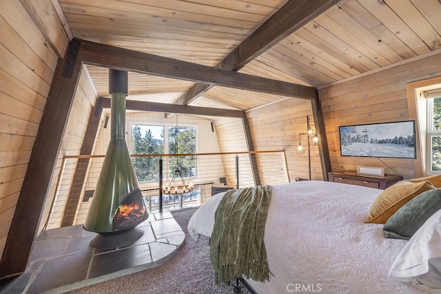 bedroom featuring wooden ceiling, vaulted ceiling with beams, wood walls, and a wood stove