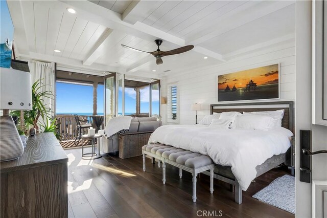 bedroom featuring a ceiling fan, beamed ceiling, recessed lighting, and wood finished floors