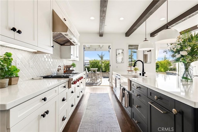 kitchen featuring under cabinet range hood, white cabinets, tasteful backsplash, and a sink