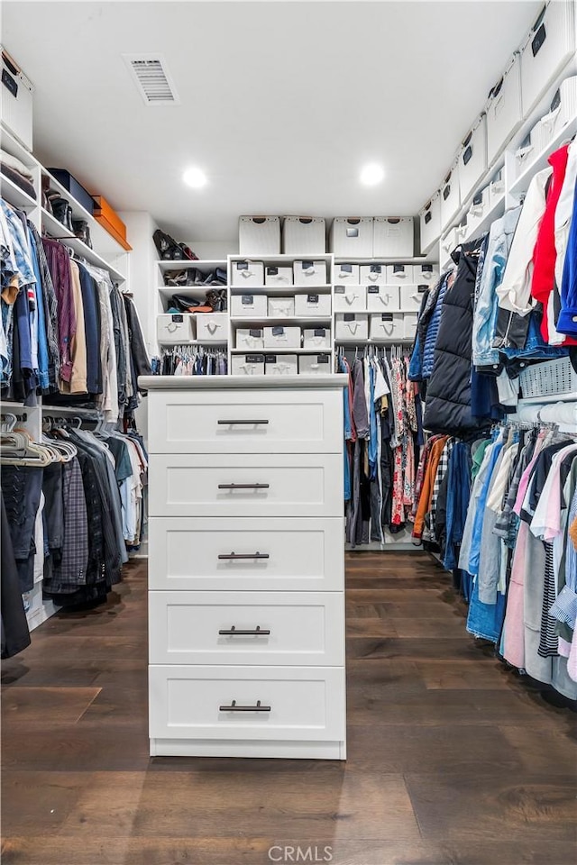 spacious closet featuring visible vents and dark wood-style flooring