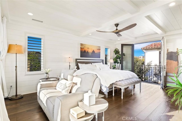 bedroom featuring access to exterior, visible vents, dark wood finished floors, beam ceiling, and a ceiling fan