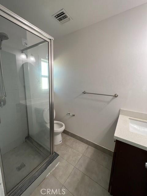 full bath with vanity, visible vents, a shower stall, tile patterned floors, and toilet