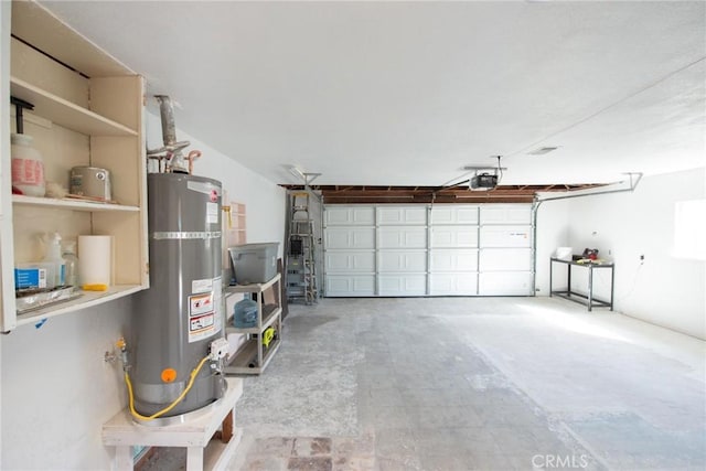 garage with water heater and a garage door opener