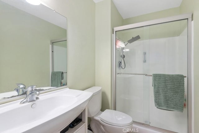 full bath featuring vanity, toilet, and a shower stall