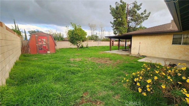 view of yard featuring a fenced backyard, a patio area, an outdoor structure, and a shed