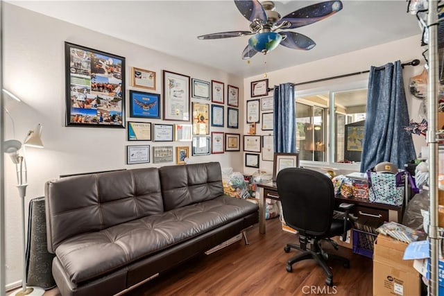 office area featuring ceiling fan and wood finished floors