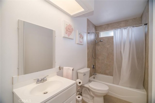 full bath with tile patterned floors, toilet, shower / bath combo, and vanity