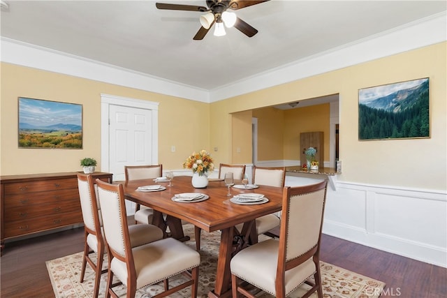 1147 W 53rd St, Los Angeles, CA 90037 - dining space with dark wood-style floors, a ceiling fan, a wainscoted wall, ornamental molding, and a decorative wall