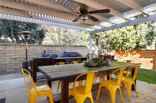 view of patio / terrace with grilling area, a pergola, outdoor dining area, and fence