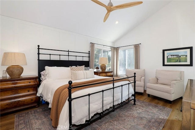 bedroom featuring a ceiling fan, recessed lighting, wood finished floors, and high vaulted ceiling