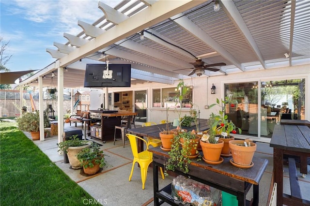 view of patio / terrace with a grill, a pergola, outdoor dining area, and ceiling fan