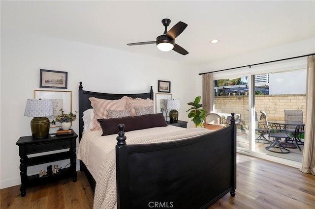 bedroom featuring recessed lighting, wood finished floors, access to exterior, and ceiling fan