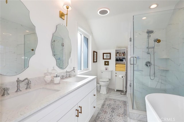 full bathroom with vaulted ceiling, marble finish floor, a shower stall, and a sink