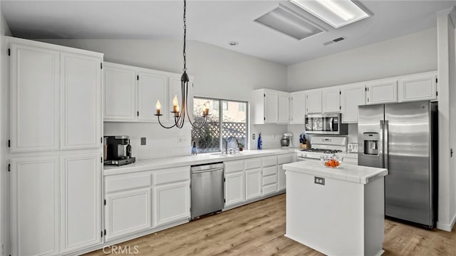 kitchen with a sink, appliances with stainless steel finishes, white cabinets, and tile countertops