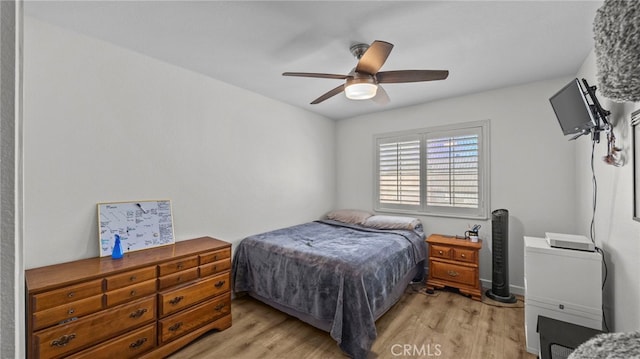 bedroom with light wood finished floors and a ceiling fan