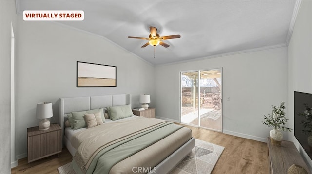 bedroom featuring baseboards, lofted ceiling, light wood-style flooring, access to exterior, and crown molding