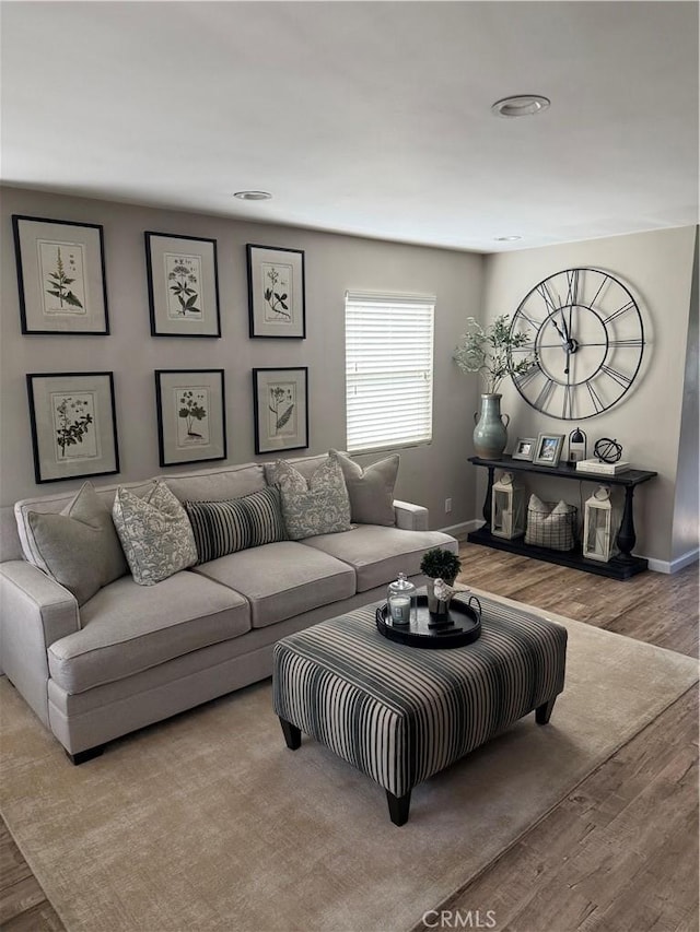 living area featuring wood finished floors and baseboards