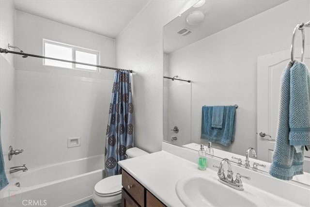 bathroom with shower / bathtub combination with curtain, toilet, visible vents, and vanity