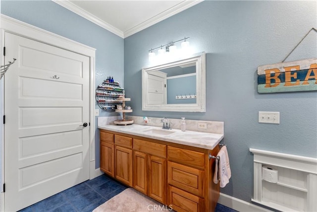 bathroom featuring tile patterned floors, vanity, and ornamental molding