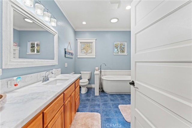 full bathroom with crown molding, toilet, recessed lighting, a bath, and vanity