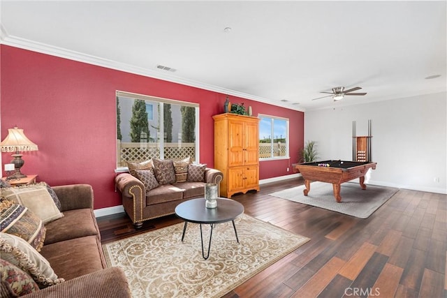 living area featuring pool table, wood finished floors, visible vents, and baseboards