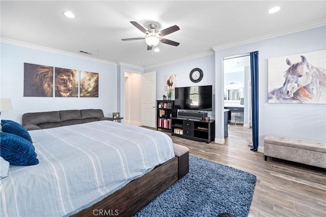 bedroom featuring crown molding, recessed lighting, wood finished floors, and ceiling fan