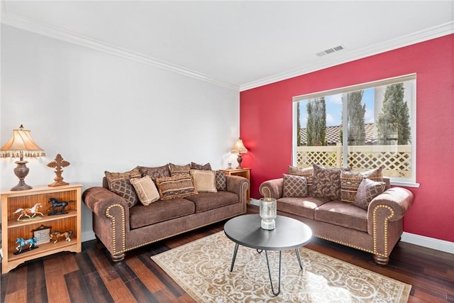 living area with dark wood finished floors, visible vents, and ornamental molding