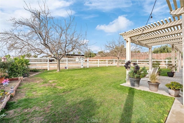 view of yard with a fenced backyard, a pergola, and a patio area