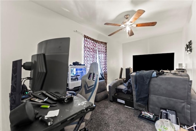 home office with carpet and ceiling fan