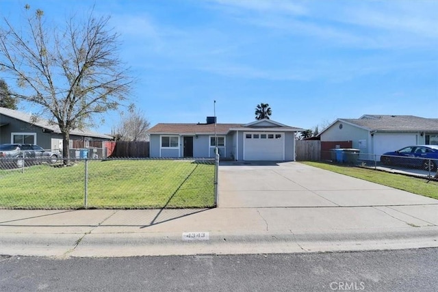 single story home with a fenced front yard, a garage, concrete driveway, and a front lawn