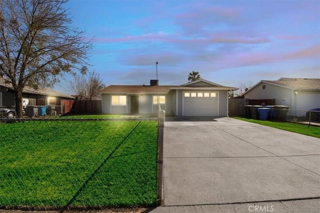 single story home with an attached garage, fence, stucco siding, a lawn, and driveway