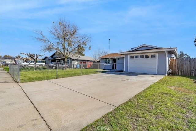 ranch-style home with a front lawn, concrete driveway, fence, and a garage